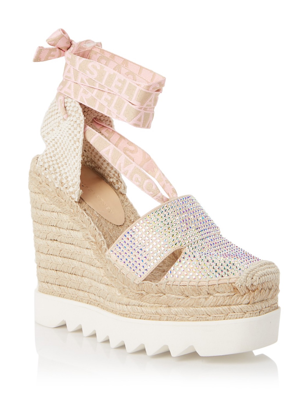 Stella Mccartney Pink Crystal Espadrille Wedge Ankle Tie Sandals